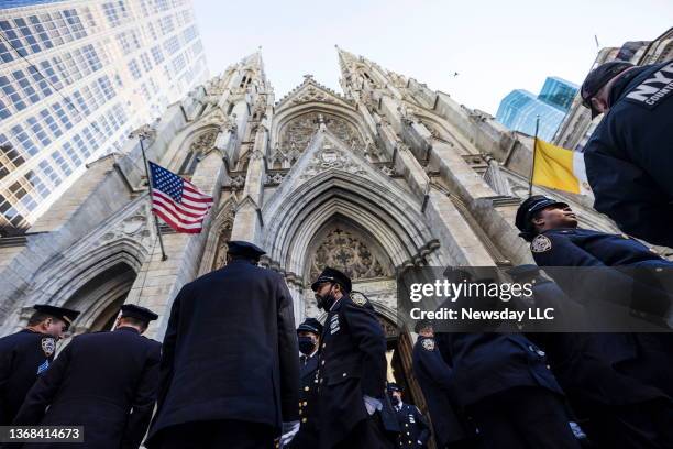 New York, N.Y.L Police officers gathered for the wake of New York City Police Officer Wilbert Mora at St. Patrick's Cathedral on February 1 in New...