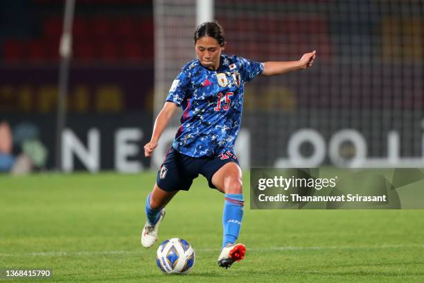 Fuka Nagano of Japan in action during the AFC Women's Asian Cup semi final between China and Japan at Shiv Chhatrapati Sports Complex on February 3,...