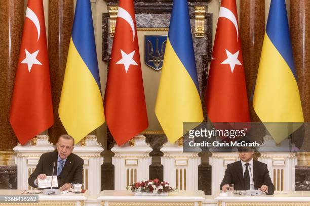 Turkish President Recep Tayyip Erdogan and Ukrainian President Volodymyr Zelensky hold a joint press conference after their meeting on February 03,...