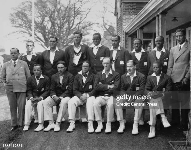 Left to right standing, J Scheullt , Wilton St Hill, Ernest Rae, Teddy Hoad, Joe Small, Freddie Martin, Learie Constantine, Herman Griffith,Tommy...