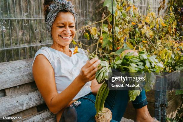 happy female environmentalist with vegetable sitting in urban farm - garden work stock-fotos und bilder