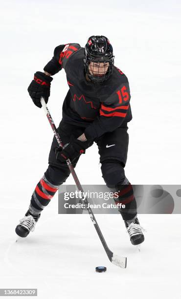 Melodie Daoust of Canada competes during the Women's Ice Hockey Preliminary Round Group A match between Team Canada and Team Switzerland at National...