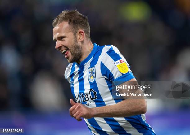 Jordan Rhodes of Huddersfield Town celebrates scoring thier team's second goal during the Sky Bet Championship match between Huddersfield Town and...