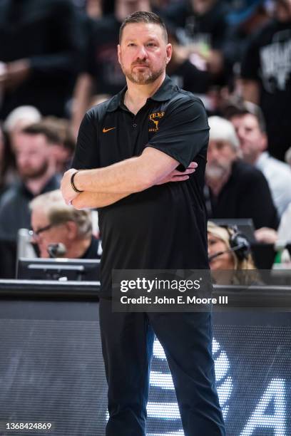 Head coach Chris Beard of the Texas Longhorns looks on during the second half of the college basketball game against the Texas Tech Red Raiders at...