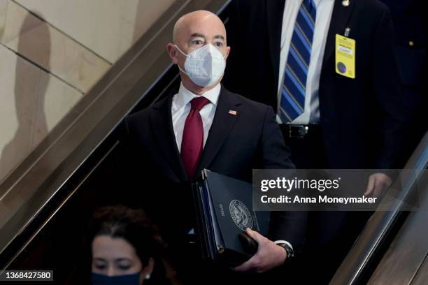 Secretary of Homeland Security Alejandro Mayorkas arrives for a closed-door briefing with Senators at the U.S. Capitol Building February 03, 2022 in...