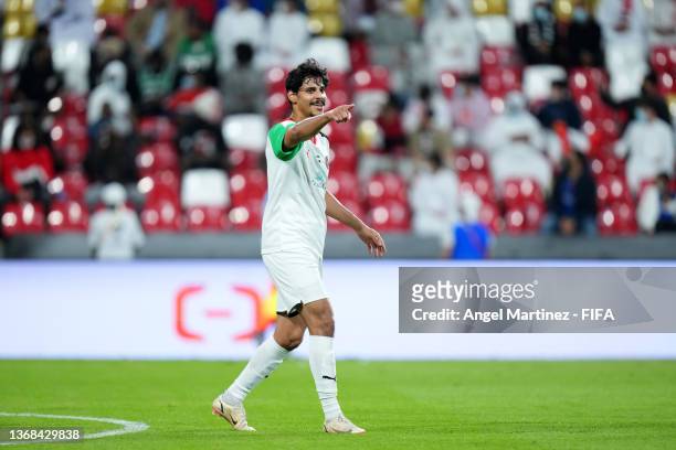 Ahmed Al Hashmi of Al Jazira Club celebrates after scoring their team's second goal during the FIFA Club World Cup UAE 2021 1st Round match between...