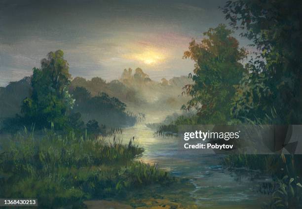 summer twilight, oil painting - acrylic painting stock illustrations