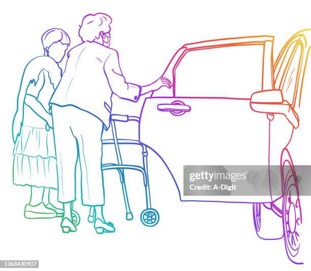 mobility challenge boarding vehicle line art - car door stock illustrations