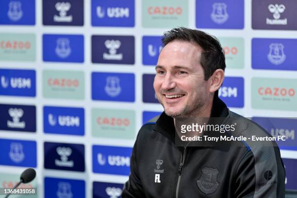 Frank Lampard manager of Everton speaks to the media during the Everton training session at USM Finch Farm on February 03, 2022 in Halewood, England..
