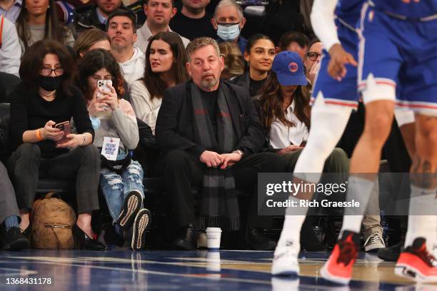 New York Knicks owner James L. Dolan sits courtside during the game against the Memphis Grizzlies on February 2, 2022 at Madison Square Garden in New...