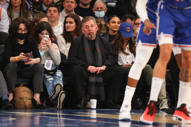 New York Knicks owner James L. Dolan sits courtside during the game against the Memphis Grizzlies on February 2, 2022 at Madison Square Garden in New...