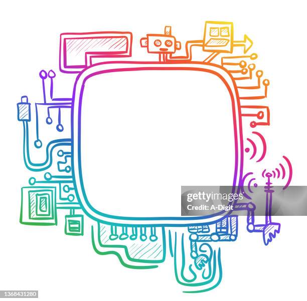 vintage doodle digital screen rainbow line art - computer wire frame stock illustrations