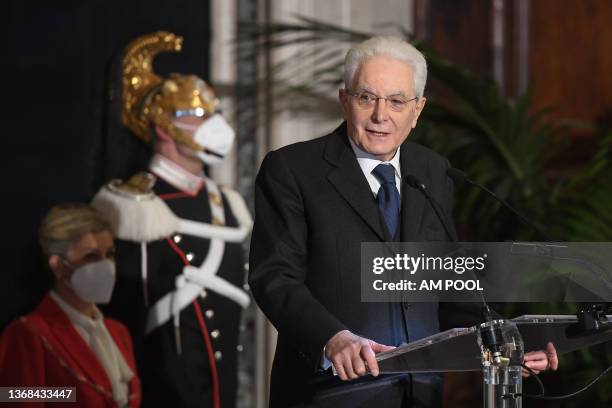 Italian President Sergio Mattarella delivers his speech during an installation ceremony at Quirinale Palace, the presidential residence, on February...