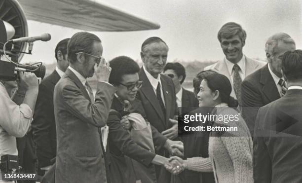 Marian Wright Edelman the only woman among the five member White House delegation to Vietnam to gather data on American missing in action, is greeted...