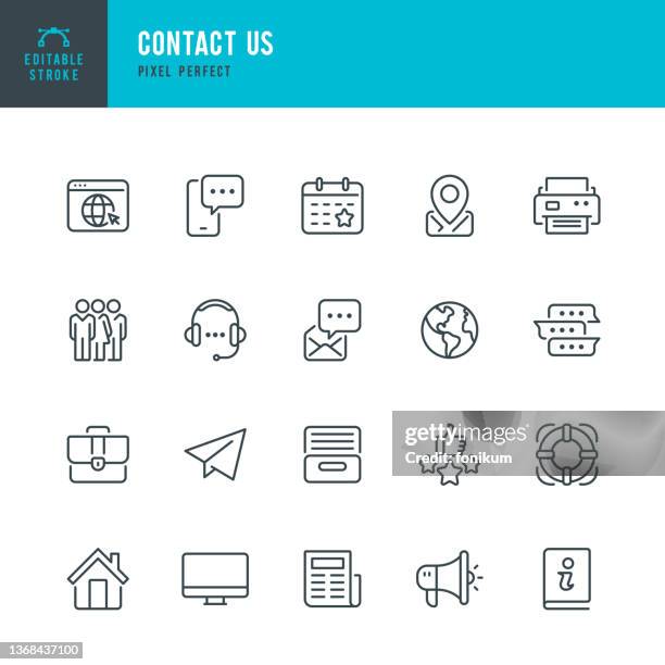 stockillustraties, clipart, cartoons en iconen met contact us - thin line vector icon set. pixel perfect. editable stroke. the set contains icons: contact us, it support, chat, instructions, headset, e-mail, archive, message, life belt, portfolio. - belcentrum