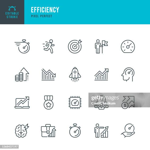 illustrazioni stock, clip art, cartoni animati e icone di tendenza di efficienza - set di icone vettoriali a linea sottile. pixel perfetto. tratto modificabile. il set contiene icone: efficienza, crescita, target, risultati dei test, urgenza, cronometro, tachimetro, runner, rocketship, medaglia. - istantanea