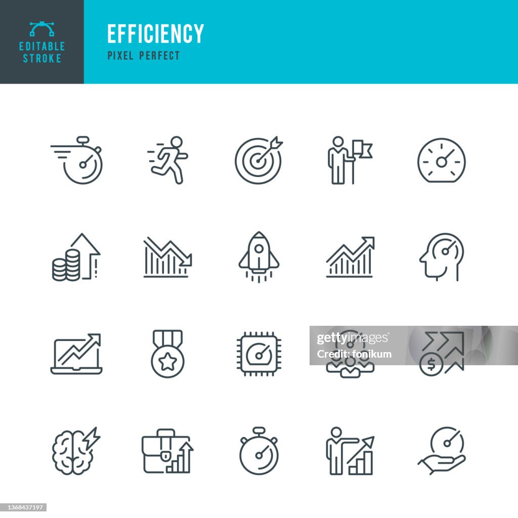 Efficiency - thin line vector icon set. Pixel perfect. Editable stroke. The set contains icons: Efficiency, Growth, Target, Test Results, Urgency, Stopwatch, Speedometer, Runner, Rocketship, Medal.