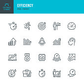 Efficiency - thin line vector icon set. Pixel perfect. Editable stroke. The set contains icons: Efficiency, Growth, Target, Test Results, Urgency, Stopwatch, Speedometer, Runner, Rocketship, Medal.