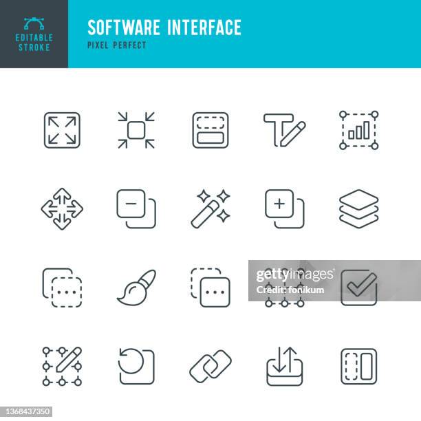 stockillustraties, clipart, cartoons en iconen met software interface - thin line vector icon set. pixel perfect. editable stroke. the set contains icons: copy, paste, move, check mark, magic wand, layers, grid, text edit, recovery, paint, expand, link. - laag