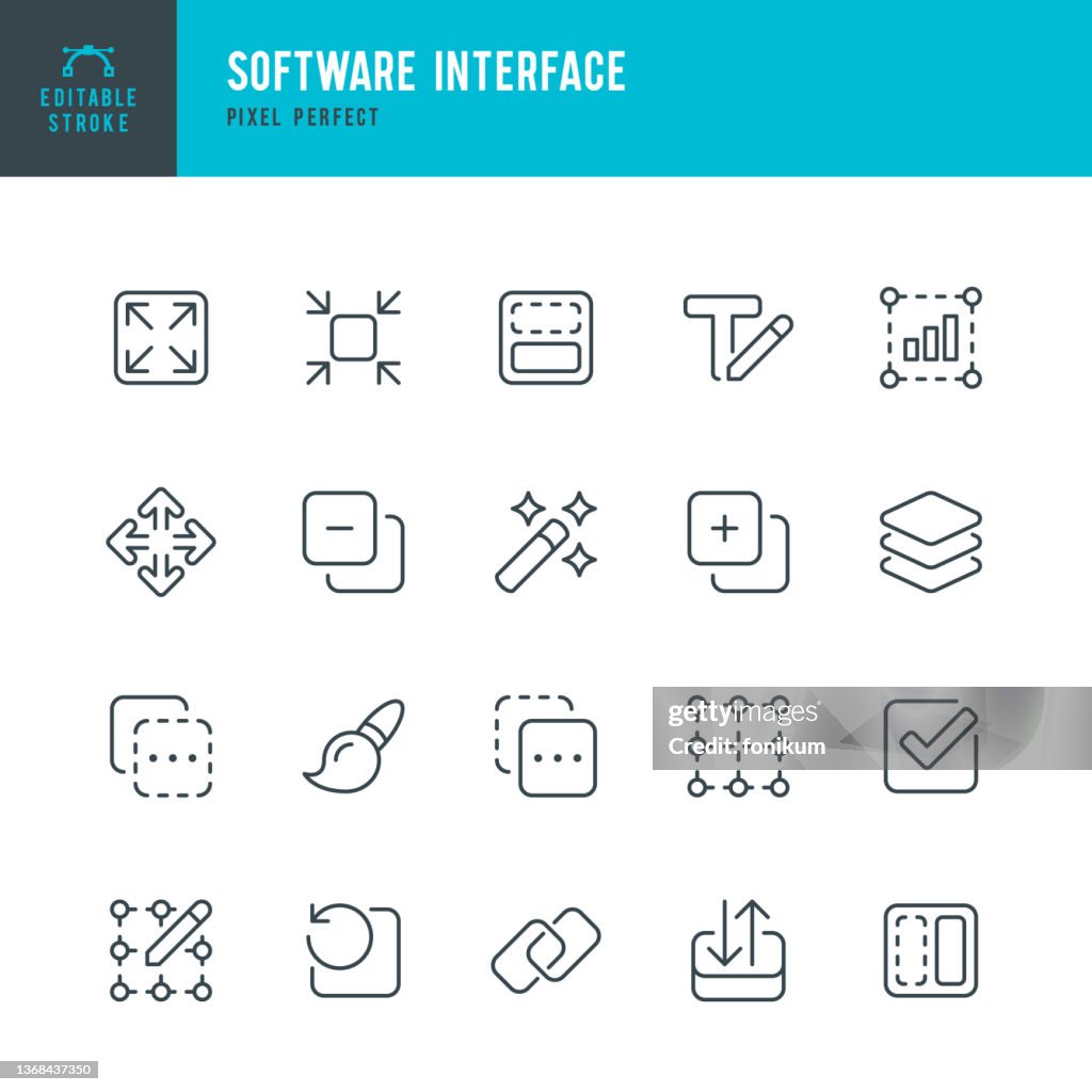 Software Interface - thin line vector icon set. Pixel perfect. Editable stroke. The set contains icons: Copy, Paste, Move, Check Mark, Magic Wand, Layers, Grid, Text Edit, Recovery, Paint, Expand, Link.