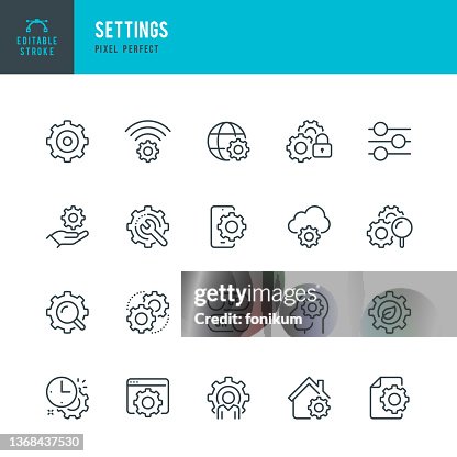 Einstellungen - Dünne Linie Vektor-Symbol-Set. Pixel perfekt. Bearbeitbarer Strich. Das Set enthält Symbole: Zahnrad, Schieben, Reparieren, Schraubenschlüssel, Einstellung, Ingenieur, Öko-Einstellungen, Lösung, Persönliche Einstellungen. Einstellungen - Dünne Linie Vektor-Symbol-Set. Pixel perfekt. Bearbeitbarer Strich. Das Set enthält Symbole: Zahnrad, Schieben, Reparieren, Schraubenschlüssel, Einstellung, Ingenieur, Öko-Einstellungen, Lösung, Persönliche Einstellungen.