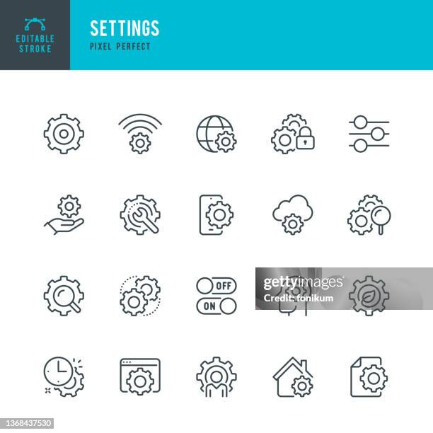 ilustraciones, imágenes clip art, dibujos animados e iconos de stock de configuración: conjunto de iconos vectoriales de línea delgada. píxel perfecto. trazo editable. el conjunto contiene iconos: engranaje, deslizamiento, reparación, llave, configuración, ingeniero, configuración ecológica, solución, configuración pe - rueda dentada