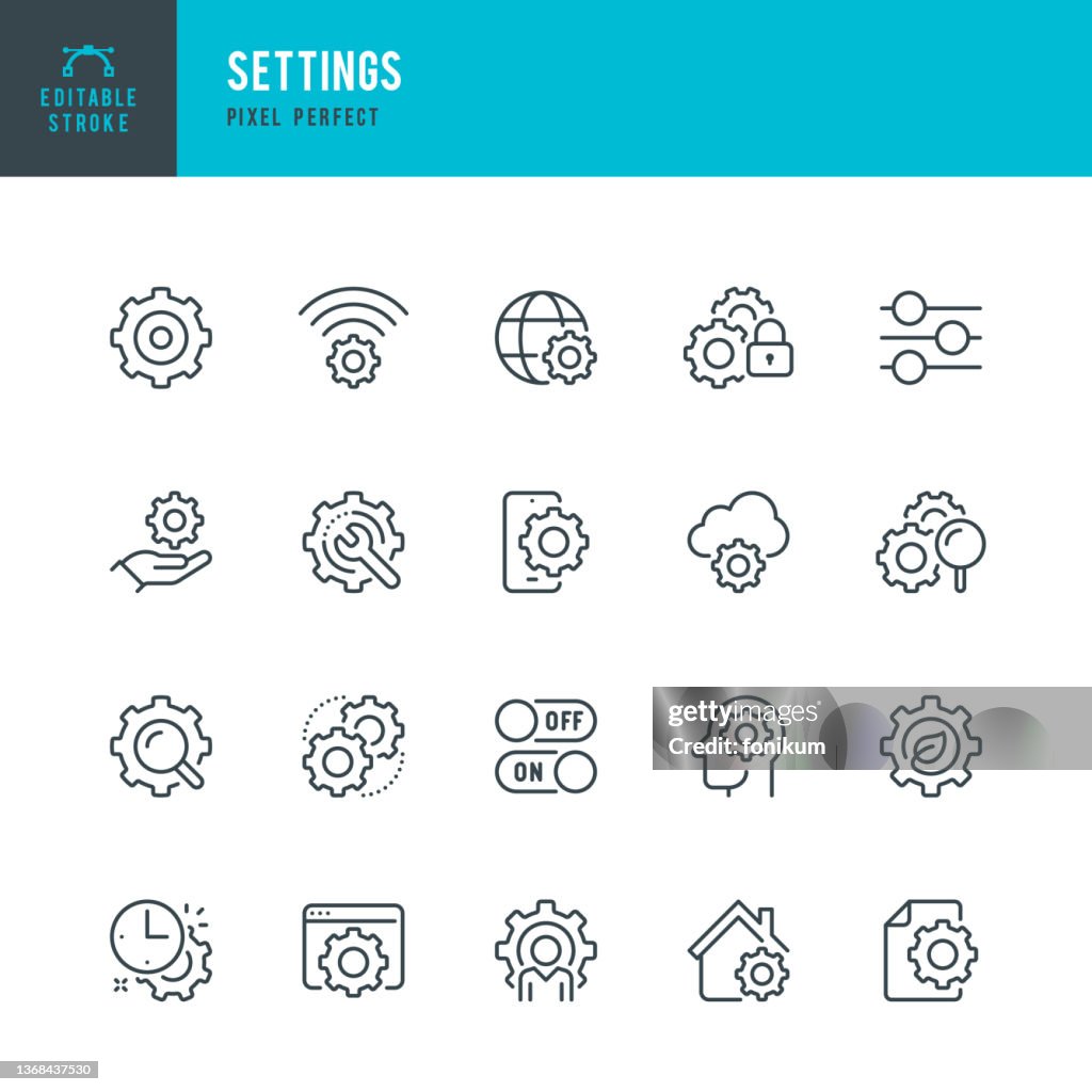 Configurações - conjunto de ícones vetoriais de linha fina. Pixel perfeito. Golpe editável. O conjunto contém ícones: Engrenagem, Deslizamento, Reparo, Chave Inglesa, Configuração, Engenheiro, Configurações Ecológicas, Solução, Configurações