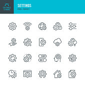 Settings - thin line vector icon set. Pixel perfect. Editable stroke. The set contains icons: Gear, Sliding, Repairing, Wrench, Setting, Engineer, Eco Settings, Solution, Personal Settings.