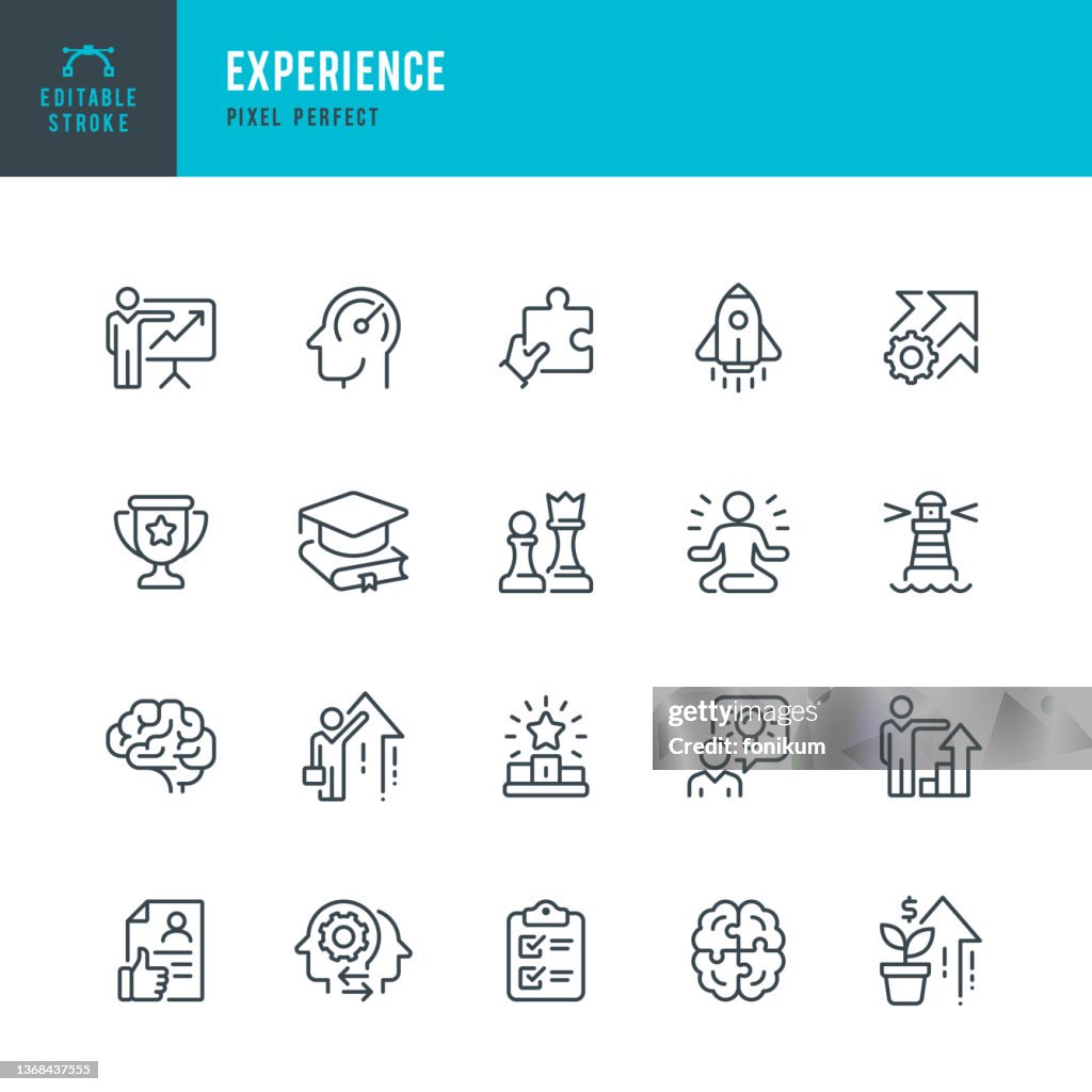 Experiencia: conjunto de iconos vectoriales de línea delgada. Píxel perfecto. Trazo editable. El conjunto contiene iconos: Educación, Eficiencia, Graduación, Podio de Ganadores, Presentación, Crecimiento Financiero, Liderazgo, Ideas, Cerebro, Cohete.
