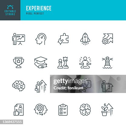 Experience - thin line vector icon set. Pixel perfect. Editable stroke. The set contains icons: Education, Efficiency, Graduation, Winners Podium, Presentation, Financial Growth, Leadership, Ideas, Brain, Rocketship. Experience - thin line vector icon set. Pixel perfect. Editable stroke. The set contains icons: Education, Efficiency, Graduation, Winners Podium, Presentation, Financial Growth, Leadership, Ideas, Brain, Rocketship.