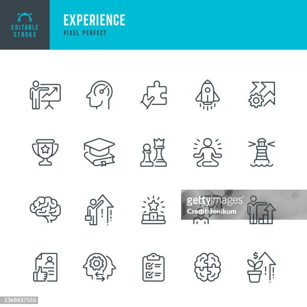 experience - thin line vector icon set. pixel perfect. editable stroke. the set contains icons: education, efficiency, graduation, winners podium, presentation, financial growth, leadership, ideas, brain, rocketship. - learning objectives icon stock illustrations