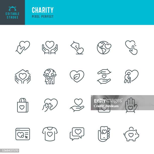charity - dünne linie vektor-icon-set. pixel perfekt. bearbeitbarer strich. das set enthält symbole: wohltätigkeitsorganisation, wohltätige spende, eine helfende hand, freiwilliger, herzform, spendenbox, fundraising. - care stock-grafiken, -clipart, -cartoons und -symbole