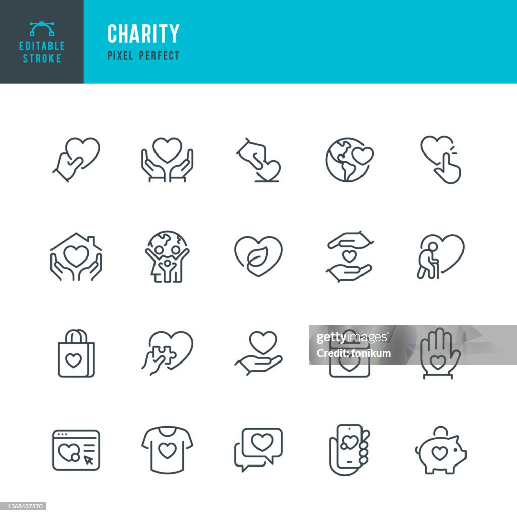 Charity - thin line vector icon set. Pixel perfect. Editable stroke. The set contains icons: Charity, Charitable Donation, A Helping Hand, Volunteer, Heart Shape, Donation Box, Fundraising.