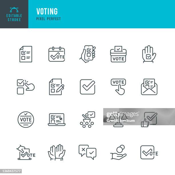 illustrazioni stock, clip art, cartoni animati e icone di tendenza di votazione - set di icone vettoriali a linea sottile. pixel perfetto. tratto modificabile. il set contiene icone: voto, votazione, urna, elezione, armi alzate, voto elettronico, raccolta fondi, questionario, dibattito, scala. - survey