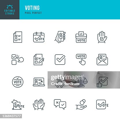 Voting - thin line vector icon set. Pixel perfect. Editable stroke. The set contains icons: Voting, Voting Ballot, Ballot Box, Election, Arms Raised, Electronic Voting, Fundraising, Questionnaire, Debate, Scale. Voting - thin line vector icon set. Pixel perfect. Editable stroke. The set contains icons: Voting, Voting Ballot, Ballot Box, Election, Arms Raised, Electronic Voting, Fundraising, Questionnaire, Debate, Scale.