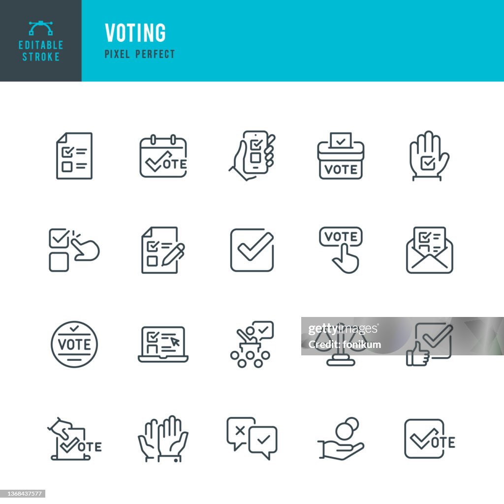 Voting - thin line vector icon set. Pixel perfect. Editable stroke. The set contains icons: Voting, Voting Ballot, Ballot Box, Election, Arms Raised, Electronic Voting, Fundraising, Questionnaire, Debate, Scale.