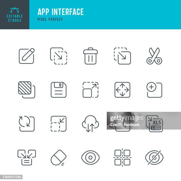 stockillustraties, clipart, cartoons en iconen met app interface - thin line vector icon set. pixel perfect. editable stroke. the set contains icons: copy, paste, cut out, save, eraser, delete, searching, move, downloading, view, update. - schaal begrippen