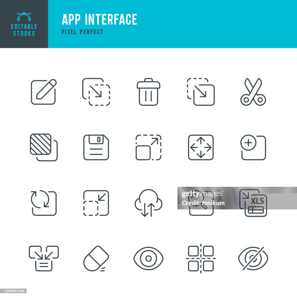 App Interface - thin line vector icon set. Pixel perfect. Editable stroke. The set contains icons: Copy, Paste, Cut Out, Save, Eraser, Delete, Searching, Move, Downloading, View, Update.