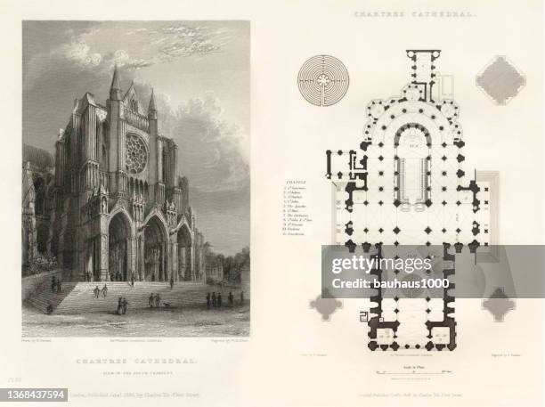 ilustraciones, imágenes clip art, dibujos animados e iconos de stock de catedral francesa, catedral de chartres, rouen, francia, grabado francés antiguo, 1837 - chartres cathedral stock illustrations