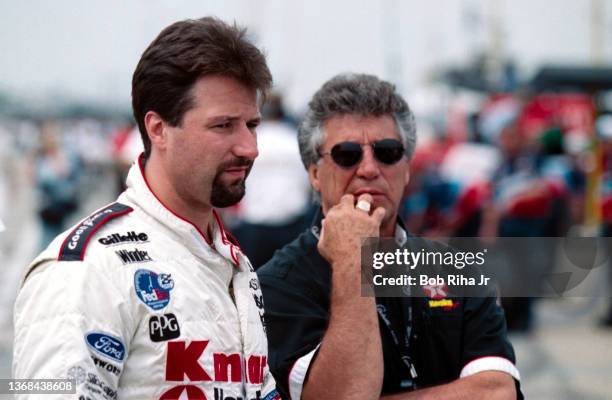 Michael Andrettii and Mario Andretti before CART race at California Speedway, September 26, 1997 in Pomona, California.
