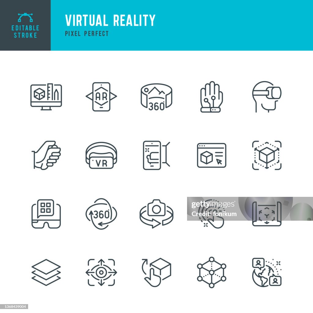 Réalité virtuelle - jeu d’icônes vectorielles à ligne mince. Pixel parfait. Contour modifiable. L’ensemble contient des icônes: réalité virtuelle, réalité augmentée, lunettes intelligentes, interactivité, métavers, vue à 360 degrés.