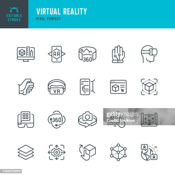 ilustrações, clipart, desenhos animados e ícones de realidade virtual - conjunto de ícones vetoriais de linha fina. pixel perfeito. golpe editável. o conjunto contém ícones: realidade virtual, realidade aumentada, óculos inteligentes, interatividade, metaverso, vista em 360 graus. - controle de video game