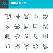 Virtual Reality - thin line vector icon set. Pixel perfect. Editable stroke. The set contains icons: Virtual Reality, Augmented Reality, Smart Glasses, Interactivity, Metaverse, 360-Degree View.