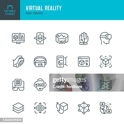 Virtual Reality - thin line vector icon set. Pixel perfect. Editable stroke. The set contains icons: Virtual Reality, Augmented Reality, Smart Glasses, Interactivity, Metaverse, 360-Degree View. Virtual Reality - thin line vector icon set. Pixel perfect. Editable stroke. The set contains icons: Virtual Reality, Augmented Reality, Smart Glasses, Interactivity, Metaverse, 360-Degree View.