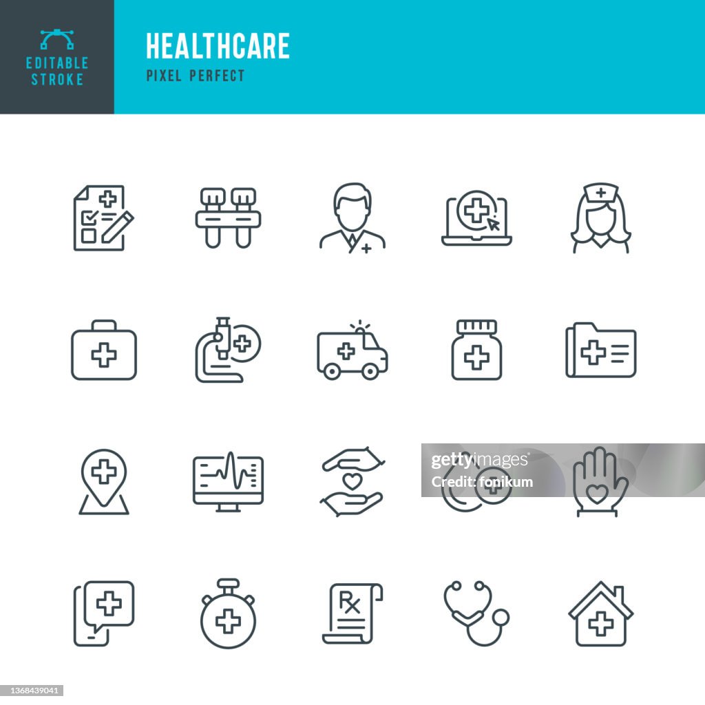 Healthcare - thin line vector icon set. Pixel perfect. Editable stroke. The set contains icons: Healthcare And Medicine, Doctor, Telemedicine, Medical Exam, Electrocardiography, First Aid, Ambulance, Stethoscope, A Helping Hand.