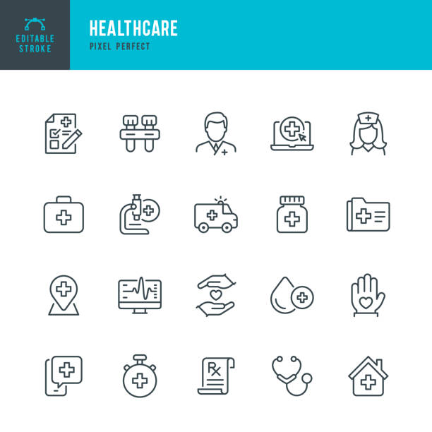 Healthcare - thin line vector icon set. Pixel perfect. Editable stroke. The set contains icons: Healthcare And Medicine, Doctor, Telemedicine, Medical Exam, Electrocardiography, First Aid, Ambulance, Stethoscope, A Helping Hand.