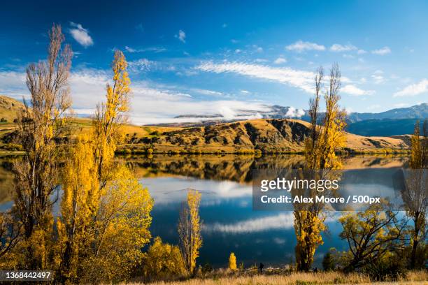 lake hayes,scenic view of lake against sky during autumn,queenstown,otago,new zealand - queenstown stock pictures, royalty-free photos & images