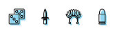 Set line Indian headdress with feathers, Game dice, Dagger and Bullet icon. Vector