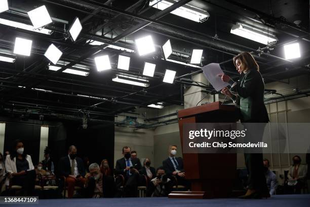 Speaker of the House Nancy Pelosi talks to reporters about her favorite professional sports teams from Northern California at the conclusion of a...