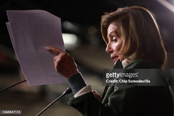 Speaker of the House Nancy Pelosi talks to reporters about her favorite professional sports teams from Northern California at the conclusion of a...